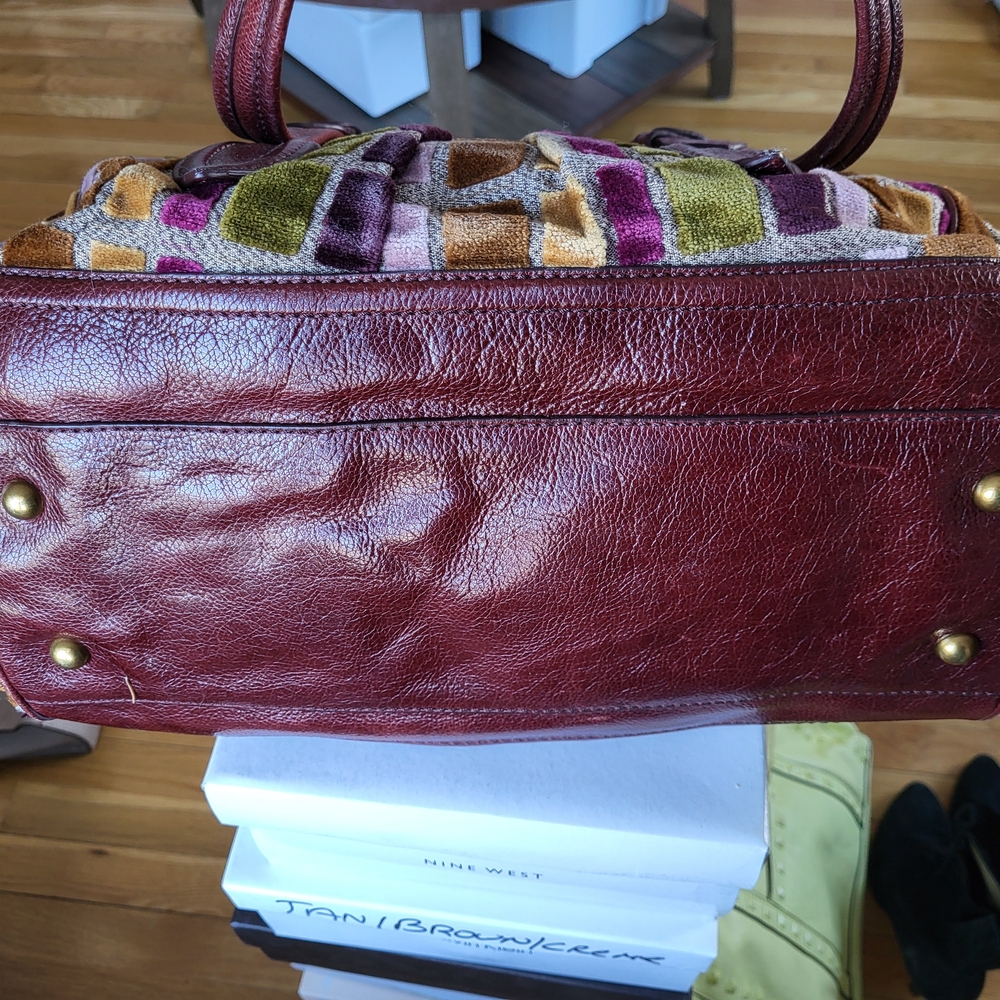 Women's Multi-Color Textured Satchel with Burgundy Leather Trim - Picture 5 of 5